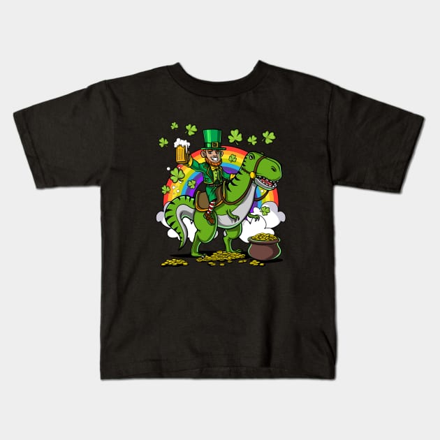 Leprechaun Riding A Dinosaur Shirt Funny Saint Patrick Day's Gift Kids T-Shirt by underheaven